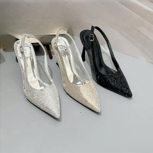 [CÓ SIZE 40] Giày cao gót nhũ kim tuyến 5cm, 8cm bạc, vàng đồng, đen nữ mũi nhọn trơn quai hậu sandal (24)