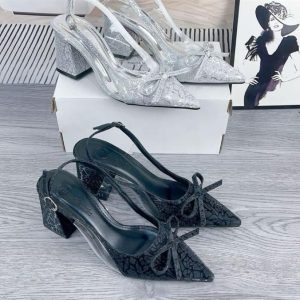 [CÓ SiZE 40] Giày cao gót nhũ kim tuyến bạc , vàng đồng , đen 5cm,8cm nữ mũi nhon nơ thắt quai hậu sandal kim sa