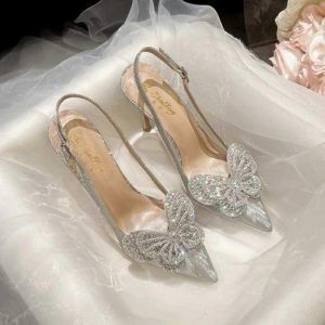 [ Có size 40 ] giày cao gót nhũ kim tuyến 5cm,8cm nữ mũi nhọn nơ đá bướm tròn quai hậu sandal (4)
