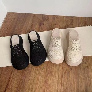 Đế Dày Bao Đầu Mùa Hè Rỗng Thoáng Khí Nữ Mùa Hè Lưới Ngoài Bên Ngoài Mặc Dày Tăng Vải Lanh Cotton D