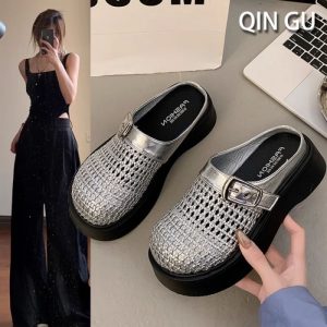 Dép lười đan nửa kín nữ đế bằng xỏ chân tiện lợi