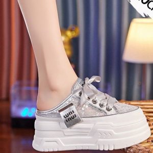 Dép xỏ ngón cho nữ, mặt ngoài bằng lưới thoáng khí, dép đế dày bên trong tăng chiều cao