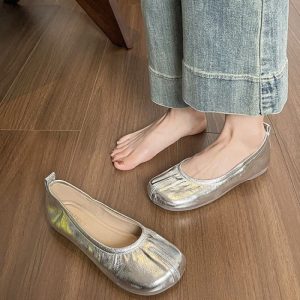 Giày ba lê giả da mềm xẻ mũi cho nữ, giày đế bệt, giày múa ba lê một chân cho nữ