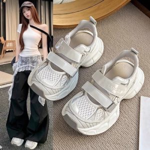 Giày bố đế dày nữ, sandal thể thao lưới thoáng khí, giày chạy bộ nhẹ đa năng