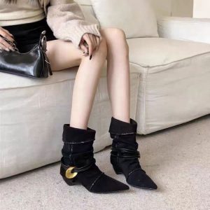 Giày bốt Martin buộc dây cho nữ, mũi nhọn, gót dày, bốt xếp ly, bốt ngắn da lộn