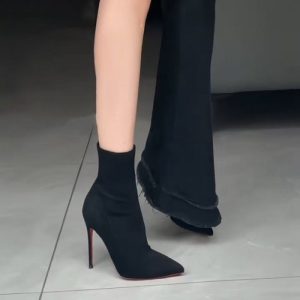 Giày bốt dáng ôm, bốt ngắn cho nữ, đế đỏ da lộn, mũi nhọn, bốt ngắn màu đen, bốt cao gót cho nữ, ph