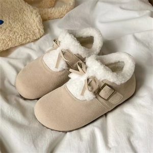 Giày bốt đi tuyết đế bằng dành cho nữ, giày Birkenstocks đế dày, giày nhung cotton ấm áp, giày đế b