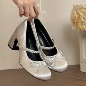 Giày cao gót một dây nơ đính đá giả Mary Jane dành cho nữ Giày cổ tích miệng nông