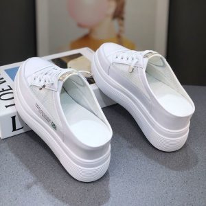 Giày da lưới nửa cốc trắng đế dày mũi giày bên trong tăng chiều cao cho nữ