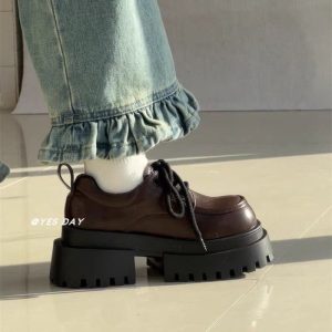 Giày da nhỏ đế dày nữ buộc dây đa năng tăng chiều cao kiểu Nhật, giày đế bệt kiểu Anh