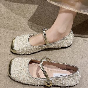 Giày đơn nữ, đế bệt, giày dạ hội nhẹ nhàng, giày Mary Jane một nút đính sequin cho nữ