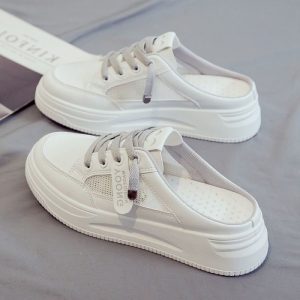 Giày nửa trơn màu trắng cho nữ đi ngoài, giày nữ lười, giày đế bệt, dép xỏ ngón