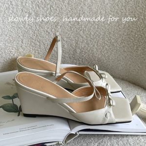 Giày sandal cao gót nơ kiểu Pháp hở mũi thanh lịch Giày thể thao mùa hè