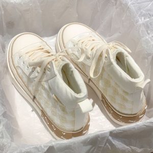 Giày vải canvas cổ cao dành cho nữ, giày thể thao đế dày màu xanh lá cây chống trượt và giày trắng