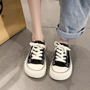 Giày vải canvas mũi xoài đế dày cho nữ, giày thể thao hai dây nửa đầu đa năng