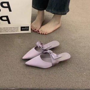Gót mỏng nơ mũi nửa dép cổ tích giày mùa xuân hè satin nửa dép