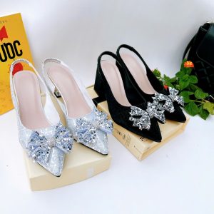 H08-Giày Kim Sa 3 màu Bạc, Đồng, Đen Kim Sa, gót 3cm-7cm, nơ kim sa