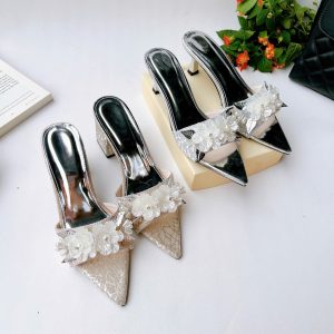H19 - Giày cao gót hở mũi nơ Hoa Trà, gót 3cm-7cm