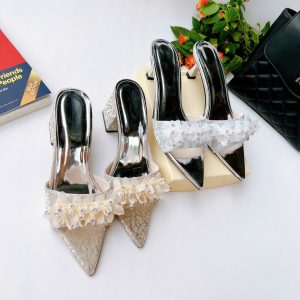 H19 - Giày cao gót hở mũi nơ Voan Ngọc, gót 3cm-7cm