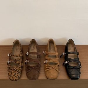 Họa Tiết Da Báo Bên Trong Tăng Chiều Cao Giày Khóa Chữ Thập Vuông Mũi Mary Jane Giày Nữ Nông Flat B