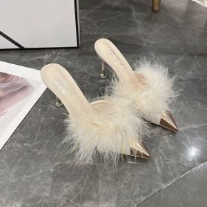Lông Nữ Nửa Dép Da Lộn Mũi Nhọn Gót Nhọn Giày Phù Hợp Mũi Mũ Nửa Dép
