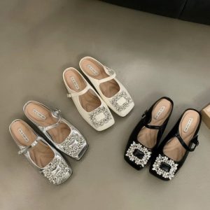 Mary Jane Baotou Nửa Dép Nữ Tăng Chiều Cao Giày Đơn Khóa Vuông Kim Cương Giả Đế Dày Dép